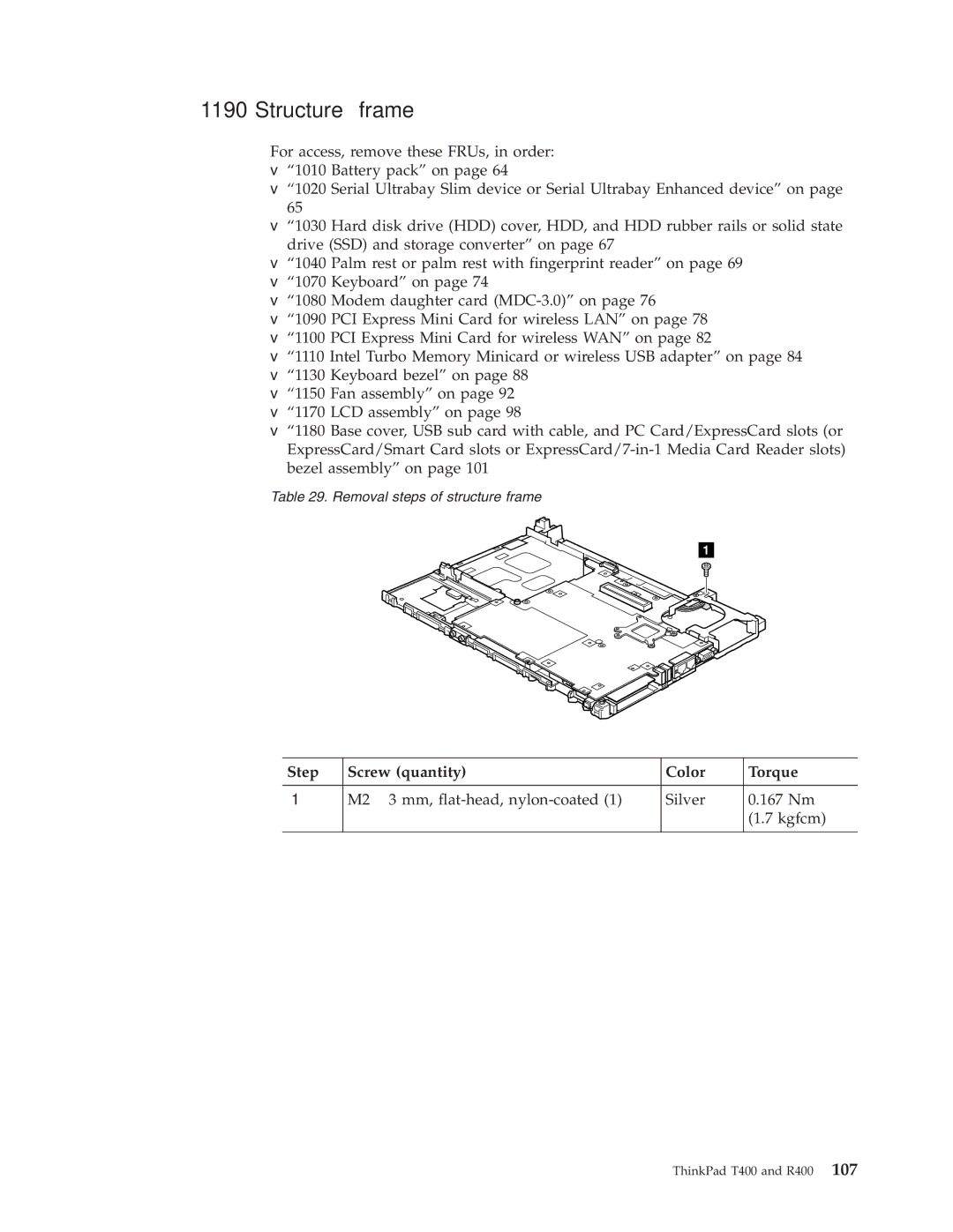 IBM R400 manual Structure frame, Step Screw quantity Color Torque 