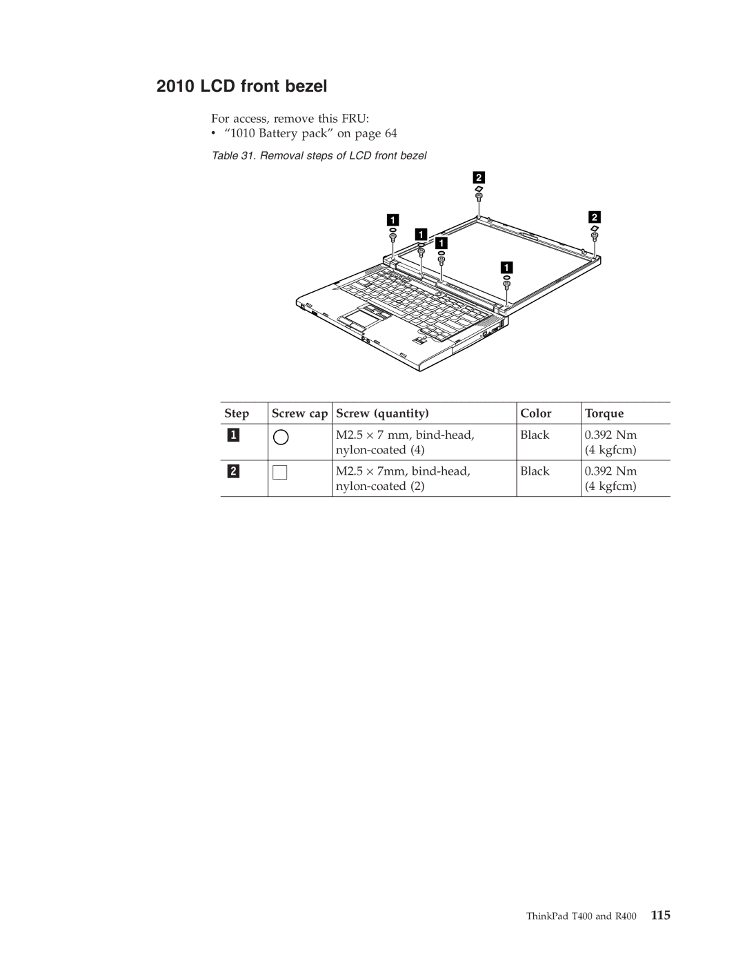 IBM R400 manual LCD front bezel, Step Screw cap Screw quantity Color Torque 