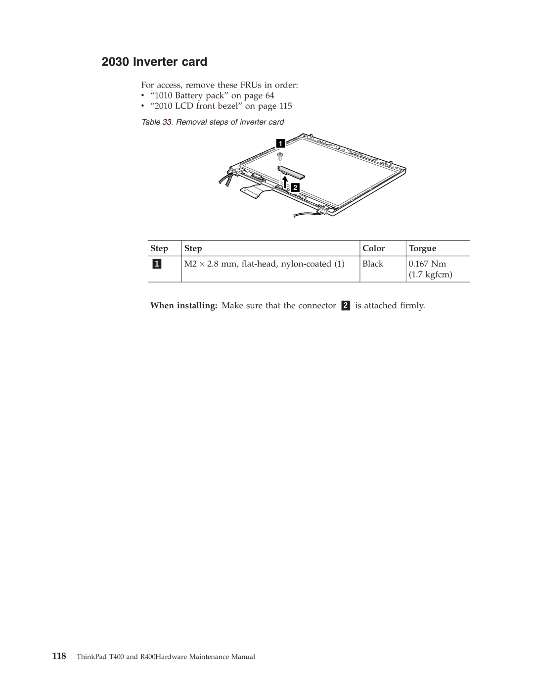 IBM R400 manual Inverter card, Step Color Torgue 