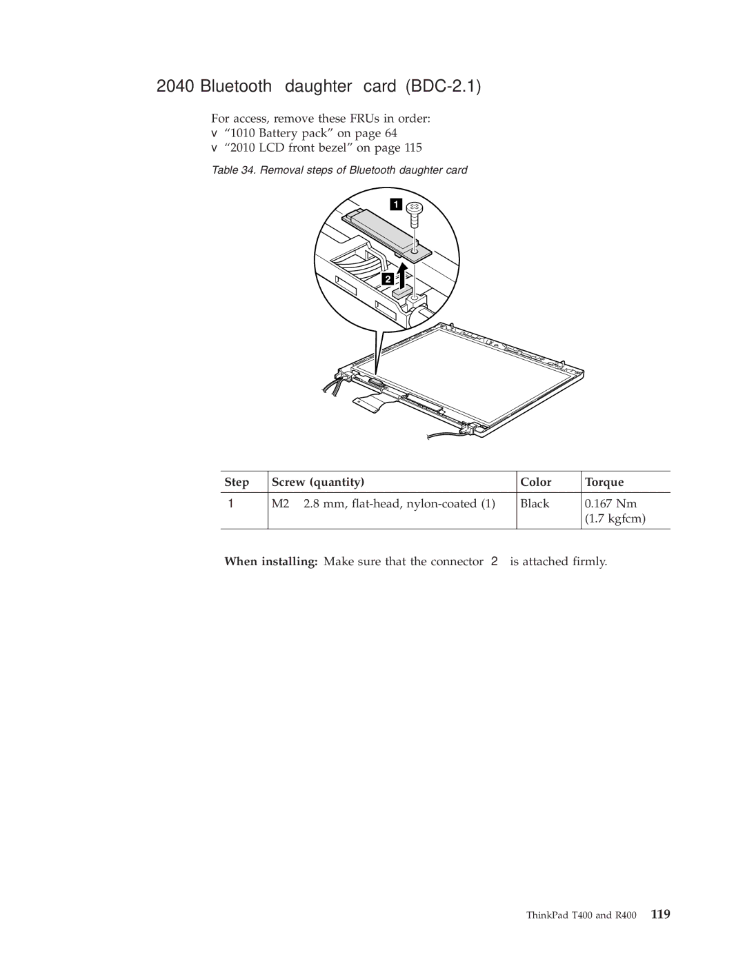 IBM R400 manual Bluetooth daughter card BDC-2.1, Step Screw quantity Color Torque 