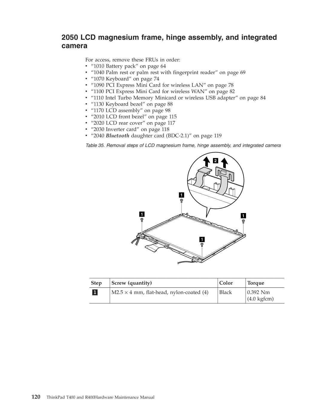 IBM R400 manual LCD magnesium frame, hinge assembly, and integrated camera 