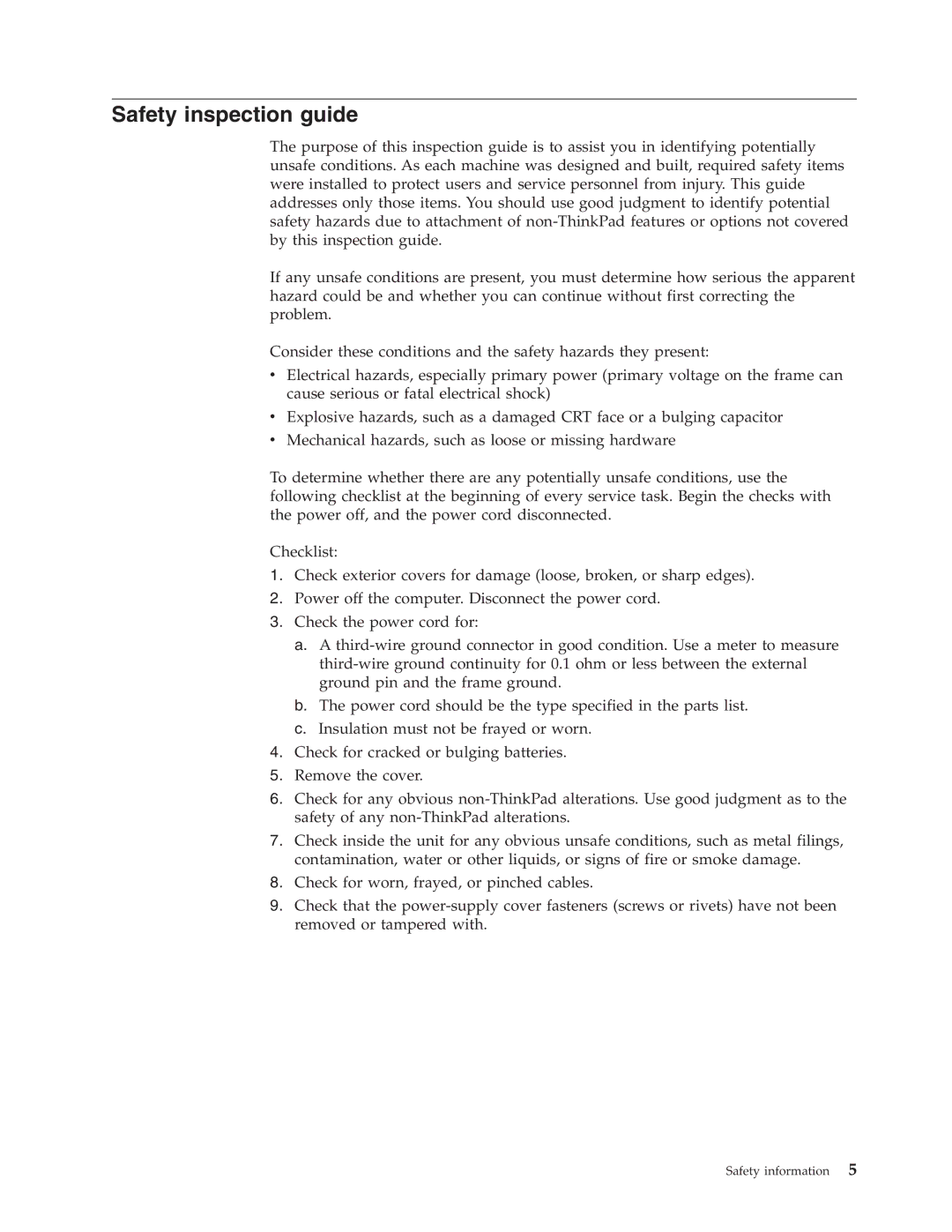 IBM R400 manual Safety inspection guide 