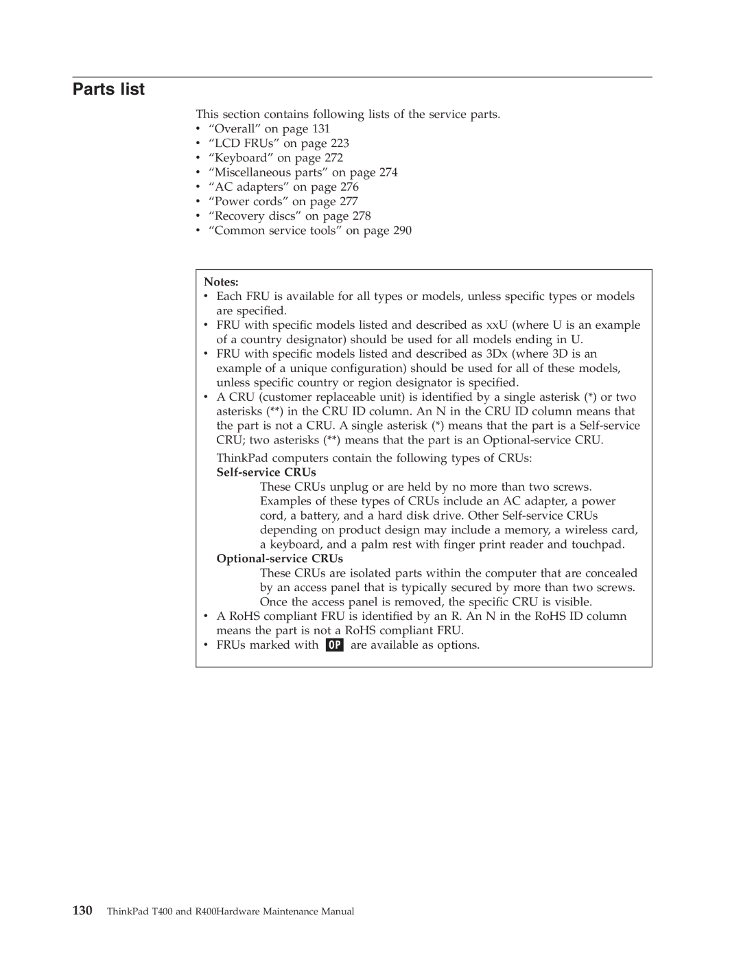 IBM R400 manual Parts list, Self-service CRUs, Optional-service CRUs 