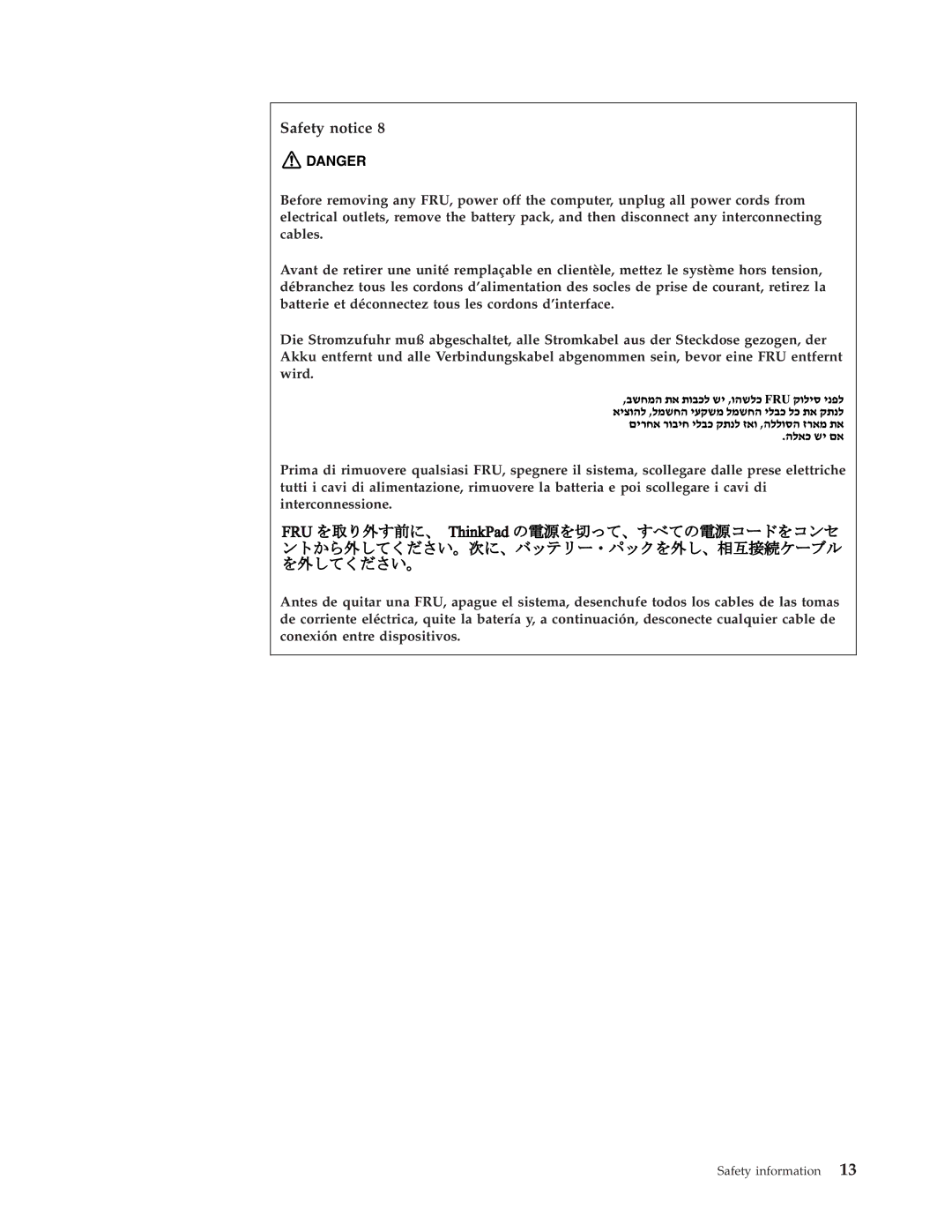 IBM R400 manual Safety notice 