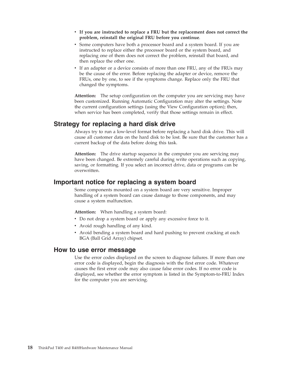 IBM R400 Strategy for replacing a hard disk drive, Important notice for replacing a system board, How to use error message 