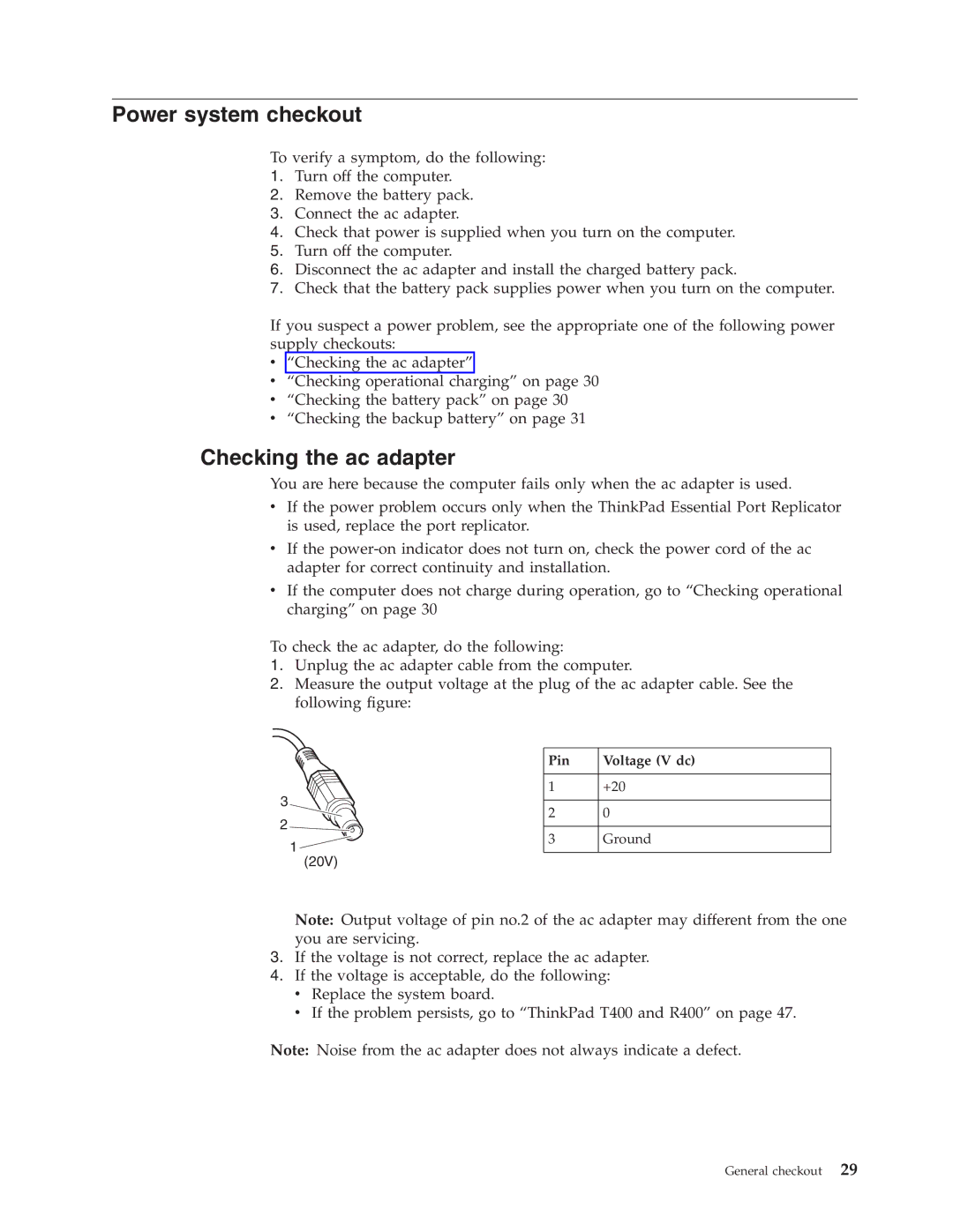 IBM R400 manual Power system checkout, Checking the ac adapter, Pin Voltage V dc 