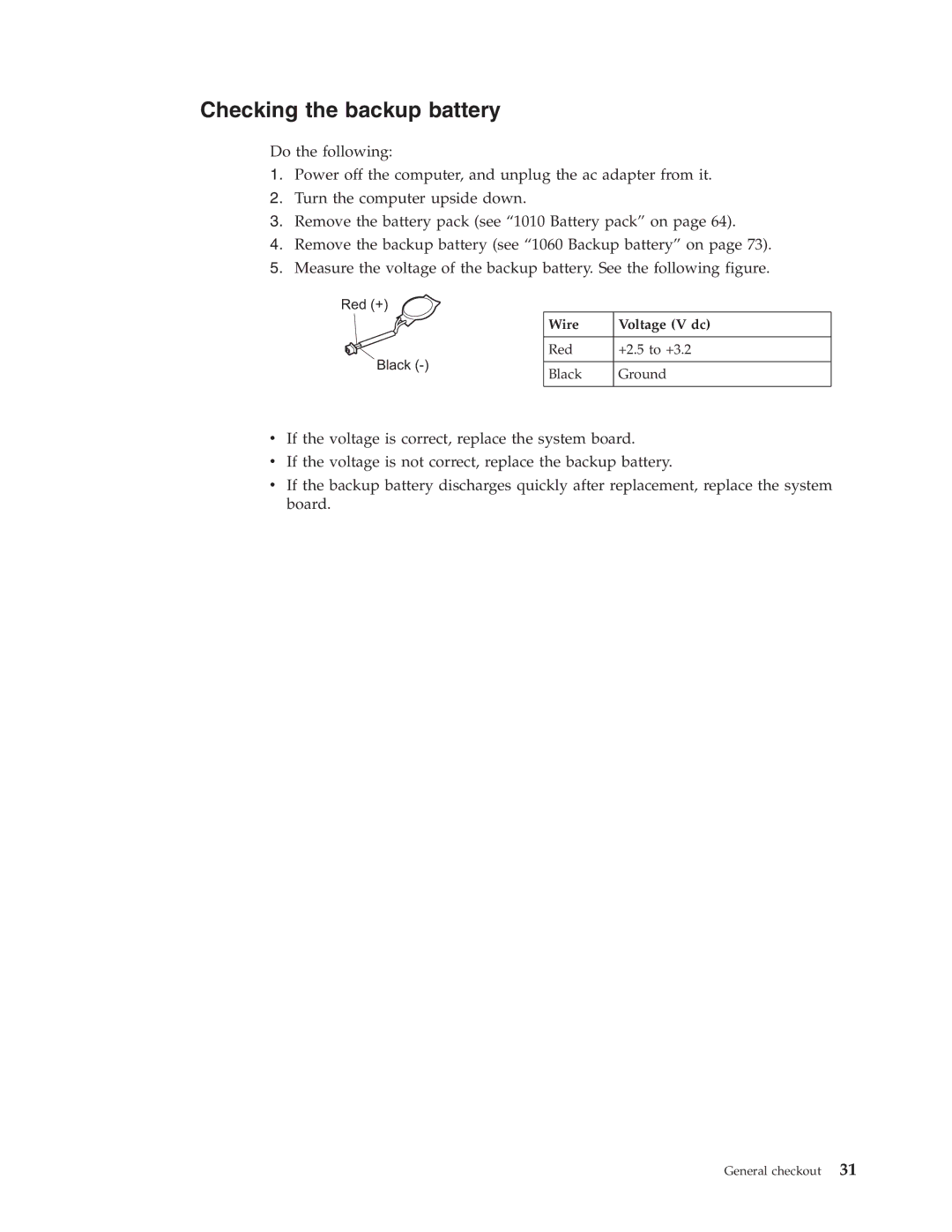 IBM R400 manual Checking the backup battery, Wire Voltage V dc 