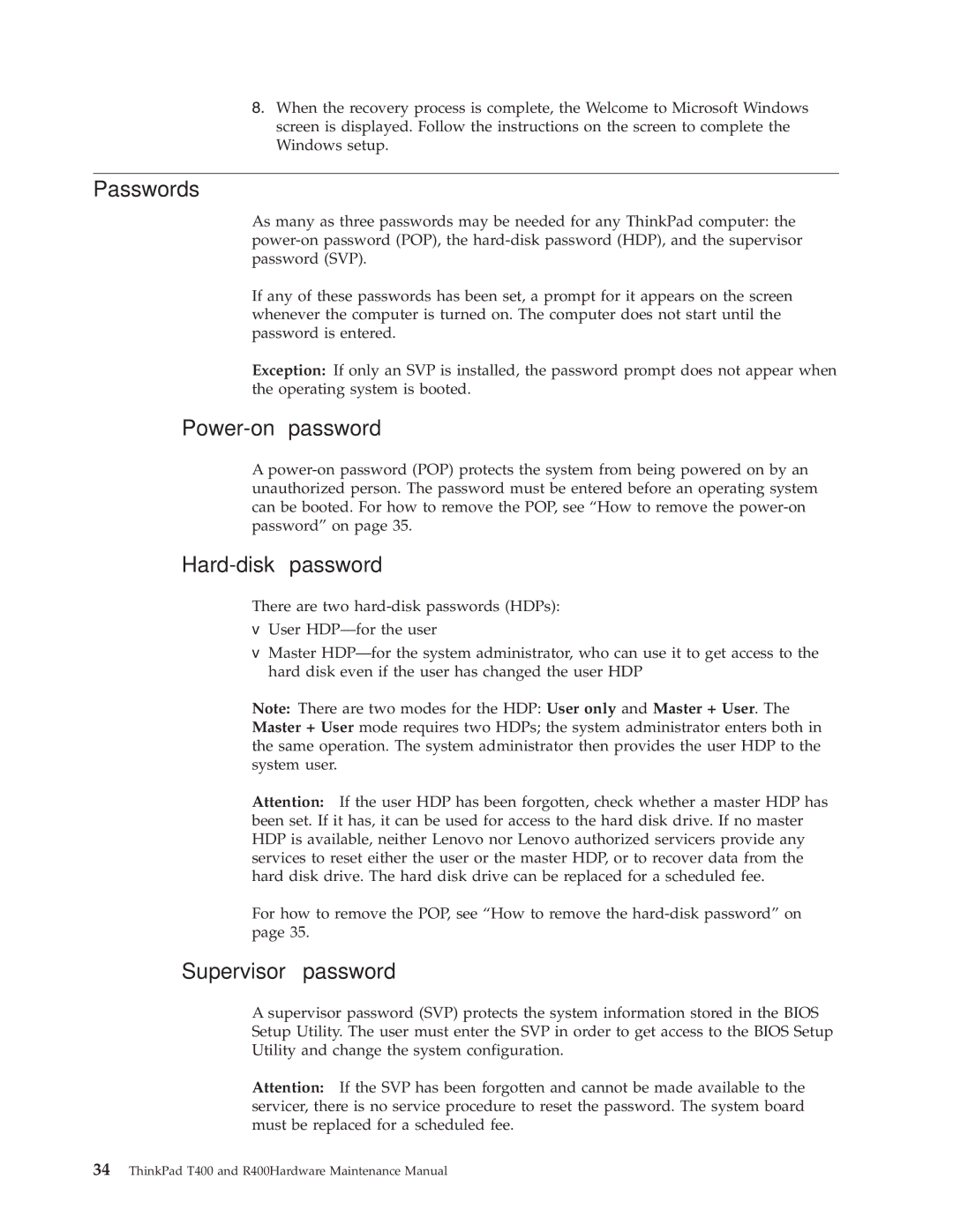 IBM R400 manual Passwords, Power-on password, Hard-disk password, Supervisor password 