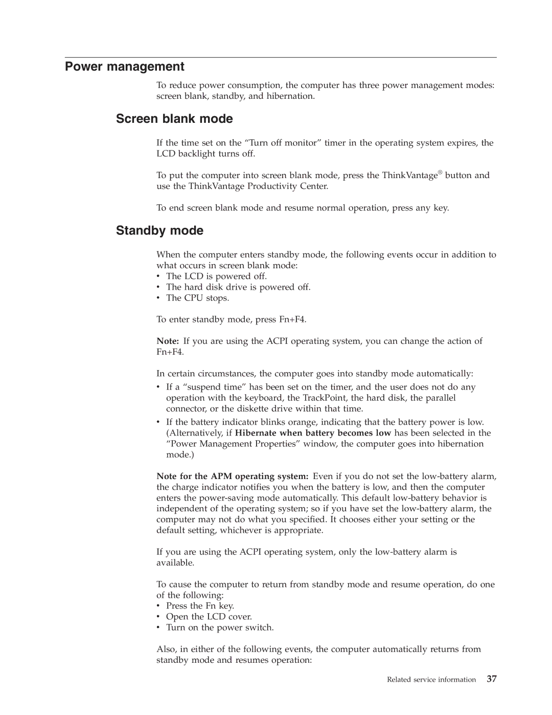 IBM R400 manual Power management, Screen blank mode, Standby mode 