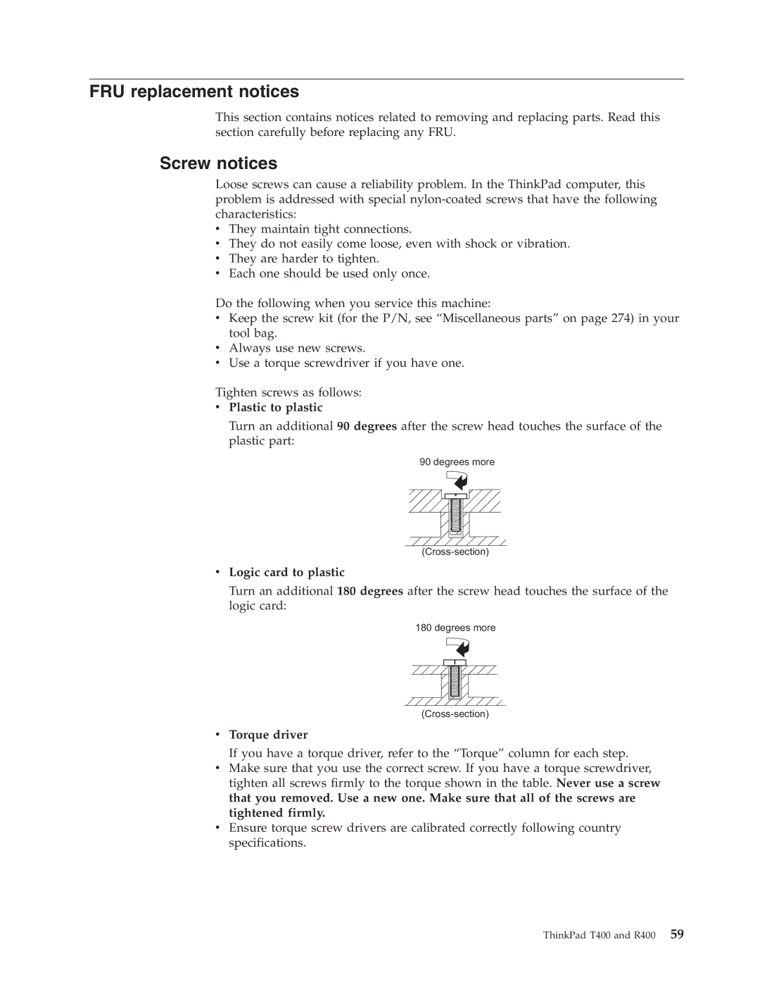 IBM R400 manual FRU replacement notices, Screw notices, Plastic to plastic, Logic card to plastic, Torque driver 