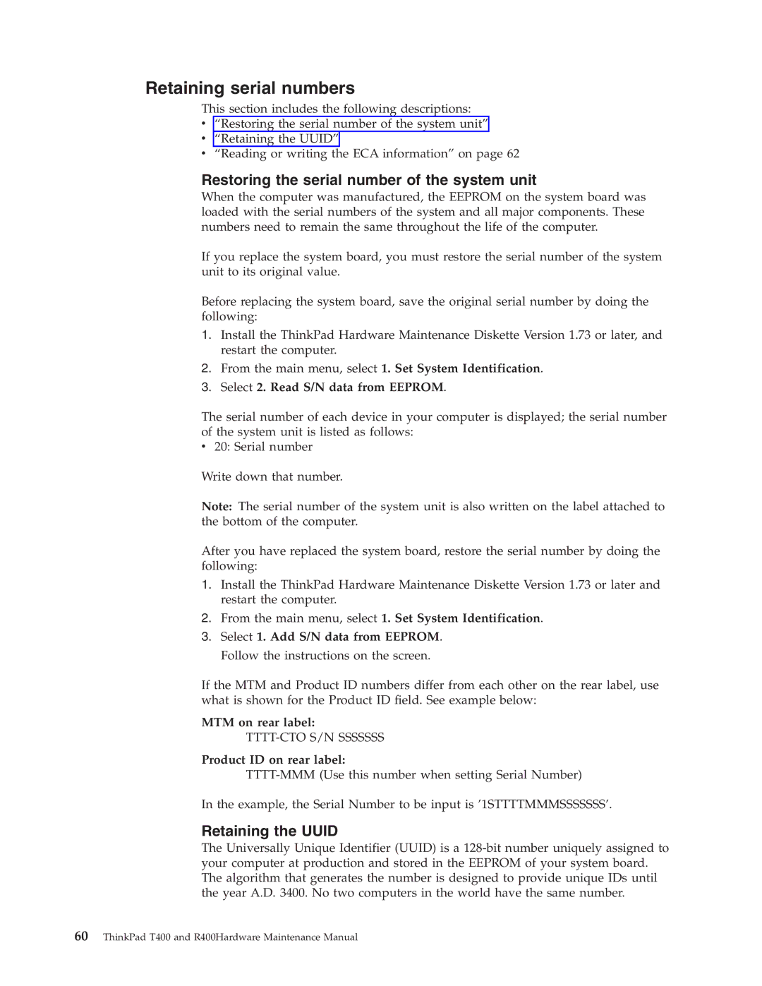 IBM R400 manual Retaining serial numbers, Select 2. Read S/N data from Eeprom, MTM on rear label, Product ID on rear label 