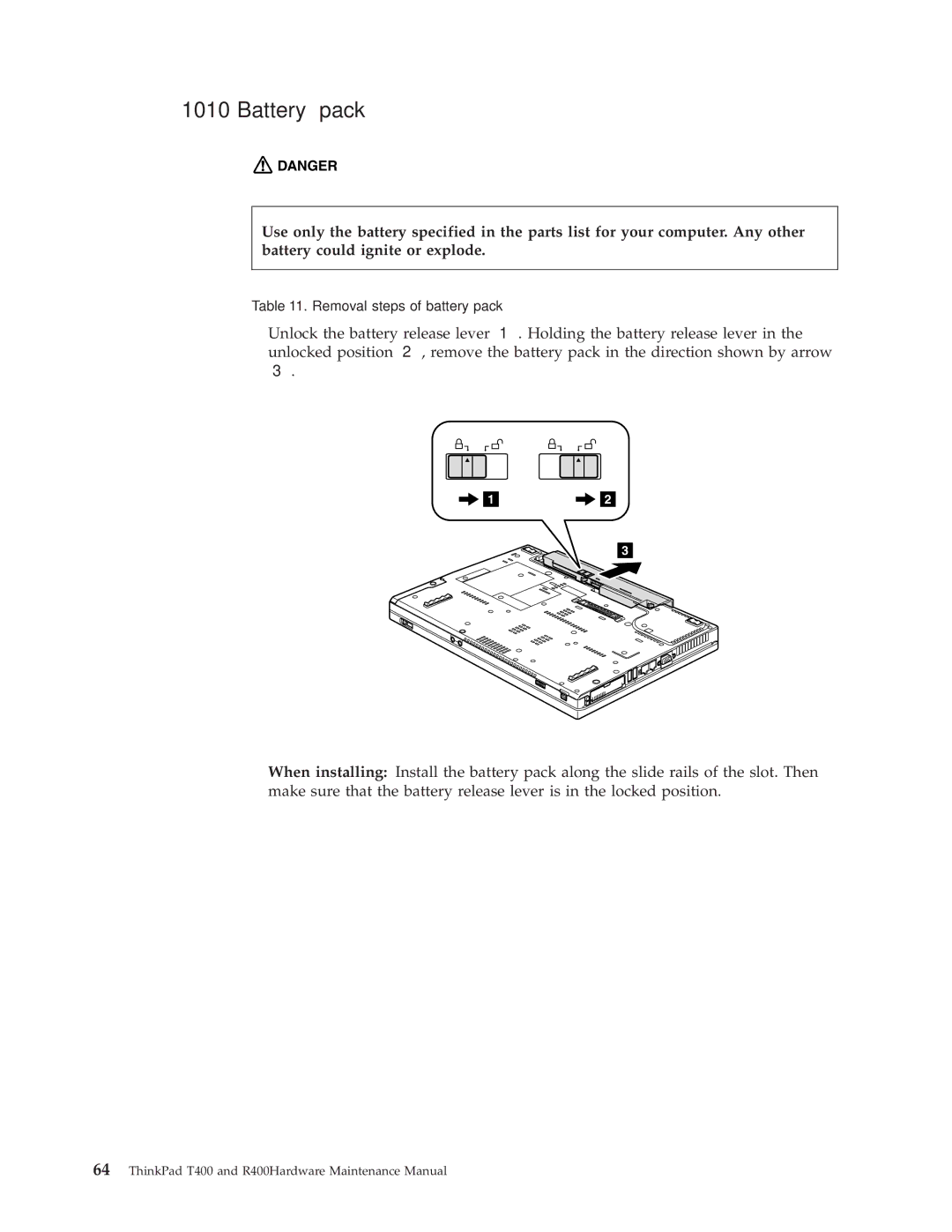 IBM R400 manual Battery pack 