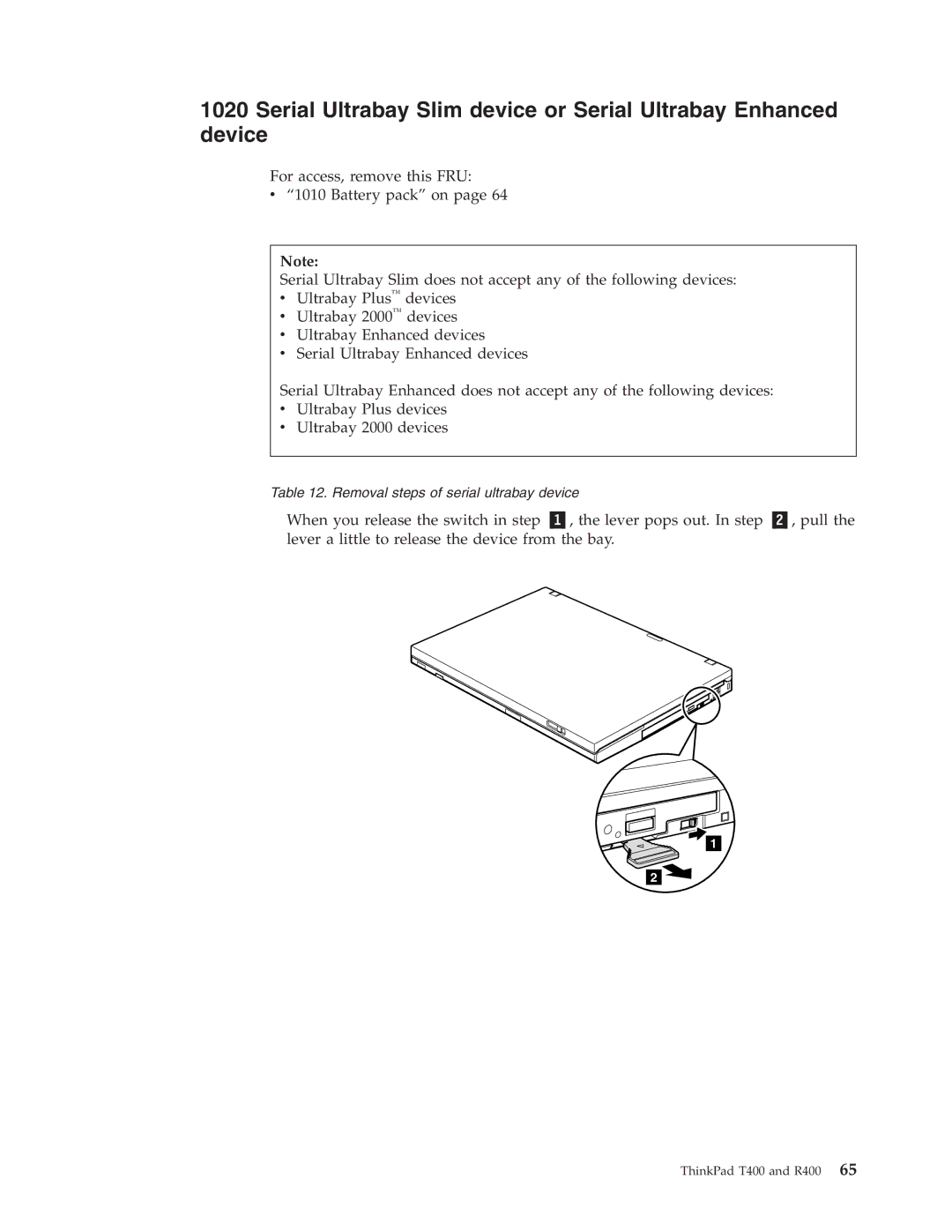 IBM R400 manual Removal steps of serial ultrabay device 