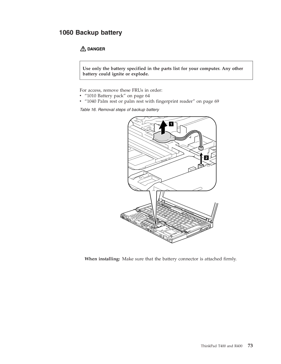 IBM R400 manual Backup battery 