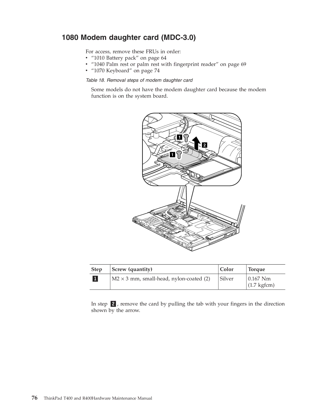 IBM R400 manual Modem daughter card MDC-3.0, Step Screw quantity Color Torque 