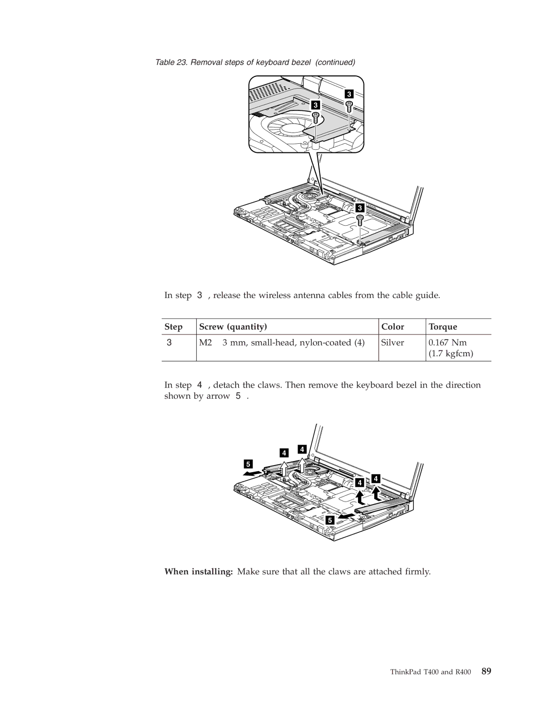 IBM R400 manual Step Screw quantity Color Torque 