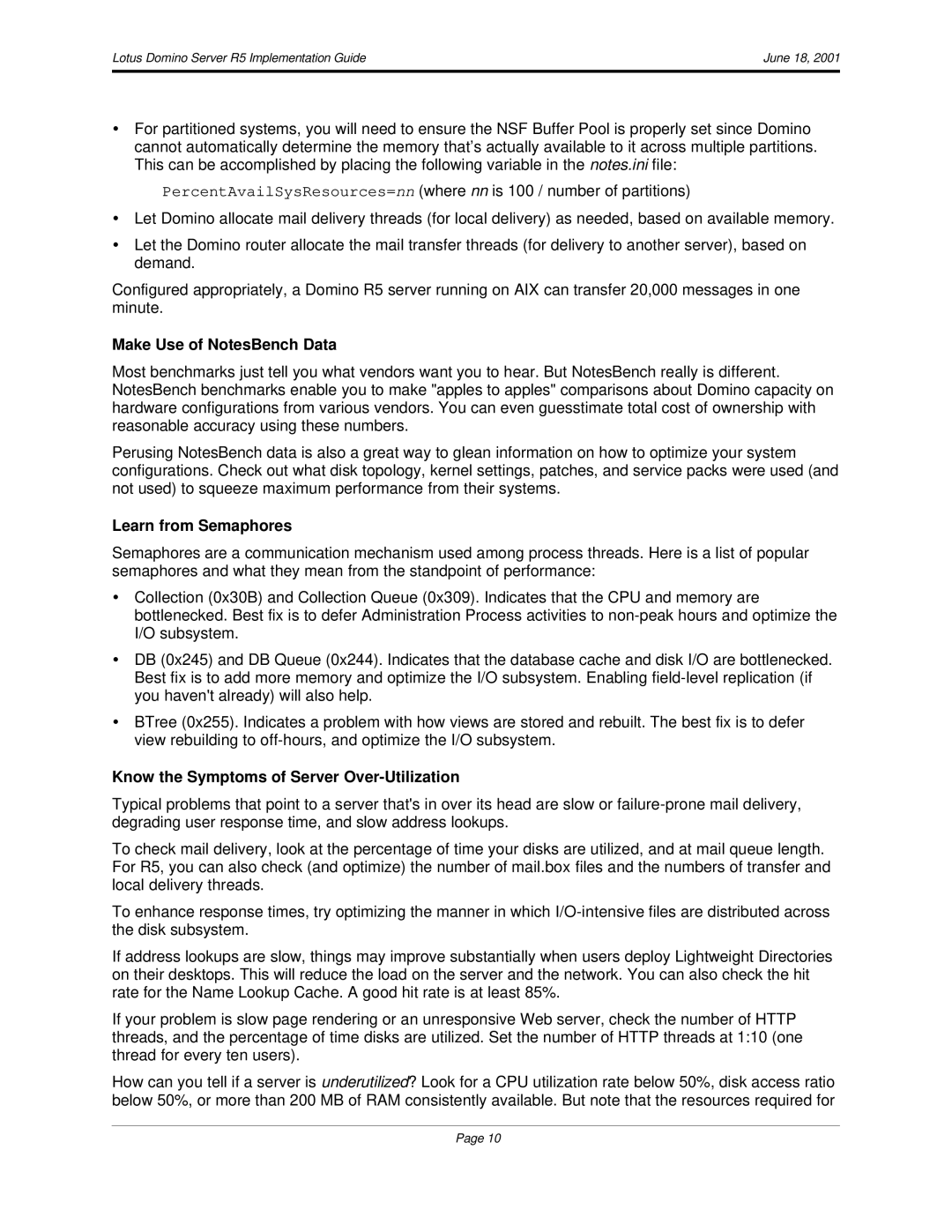 IBM R5 manual Make Use of NotesBench Data, Learn from Semaphores, Know the Symptoms of Server Over-Utilization 
