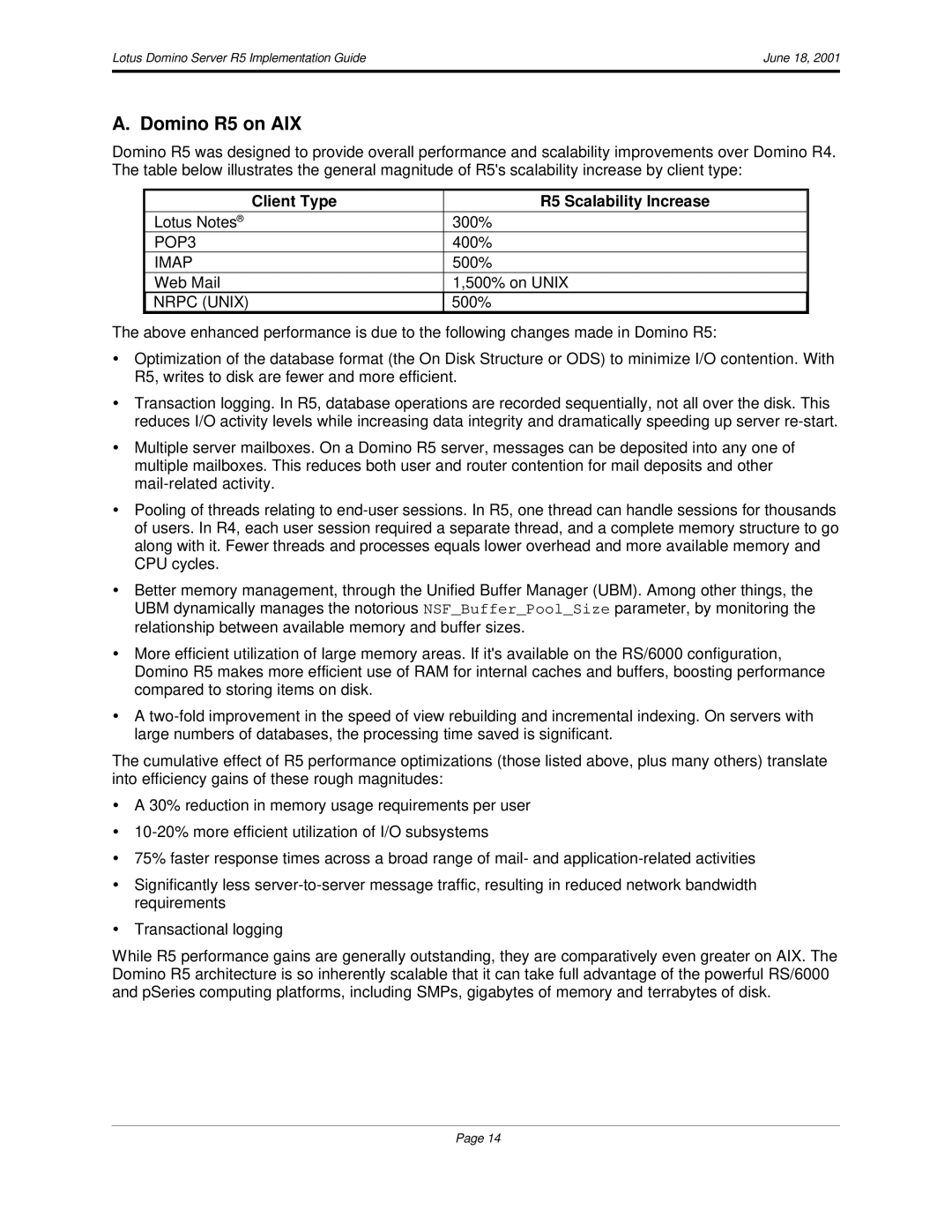 IBM manual Domino R5 on AIX, Client Type R5 Scalability Increase 