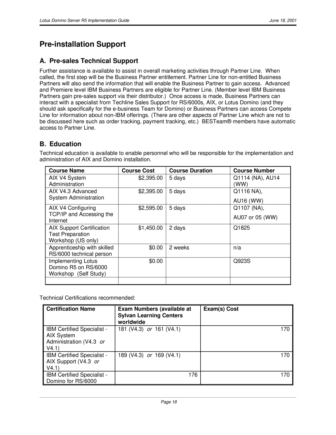 IBM R5 manual Pre-installation Support, Pre-sales Technical Support, Education 