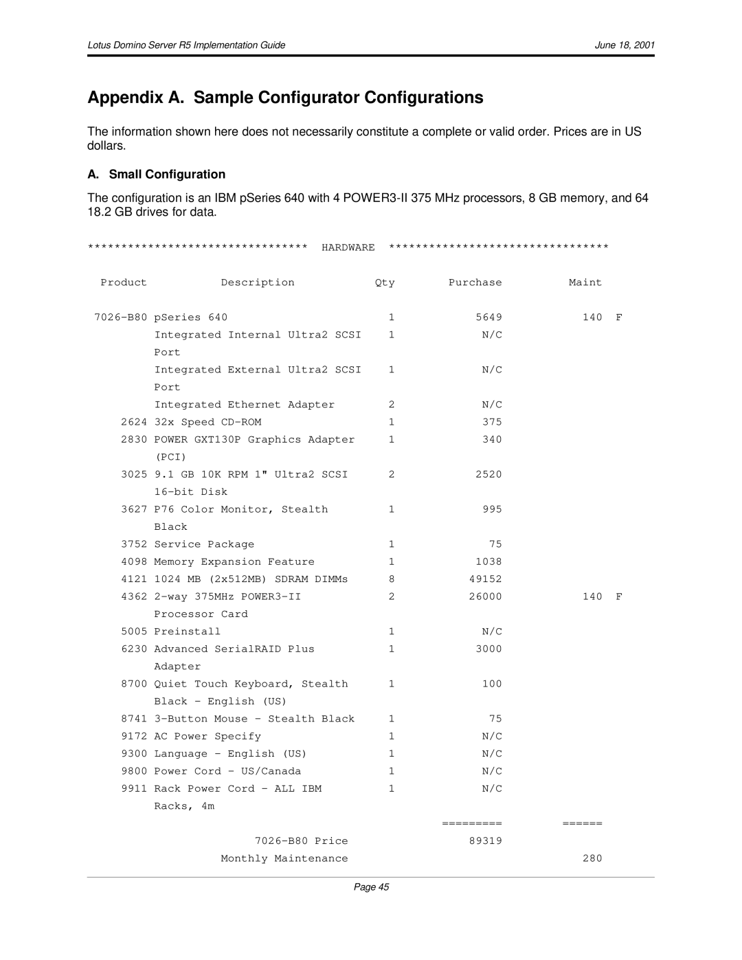 IBM R5 manual Appendix A. Sample Configurator Configurations, Small Configuration 