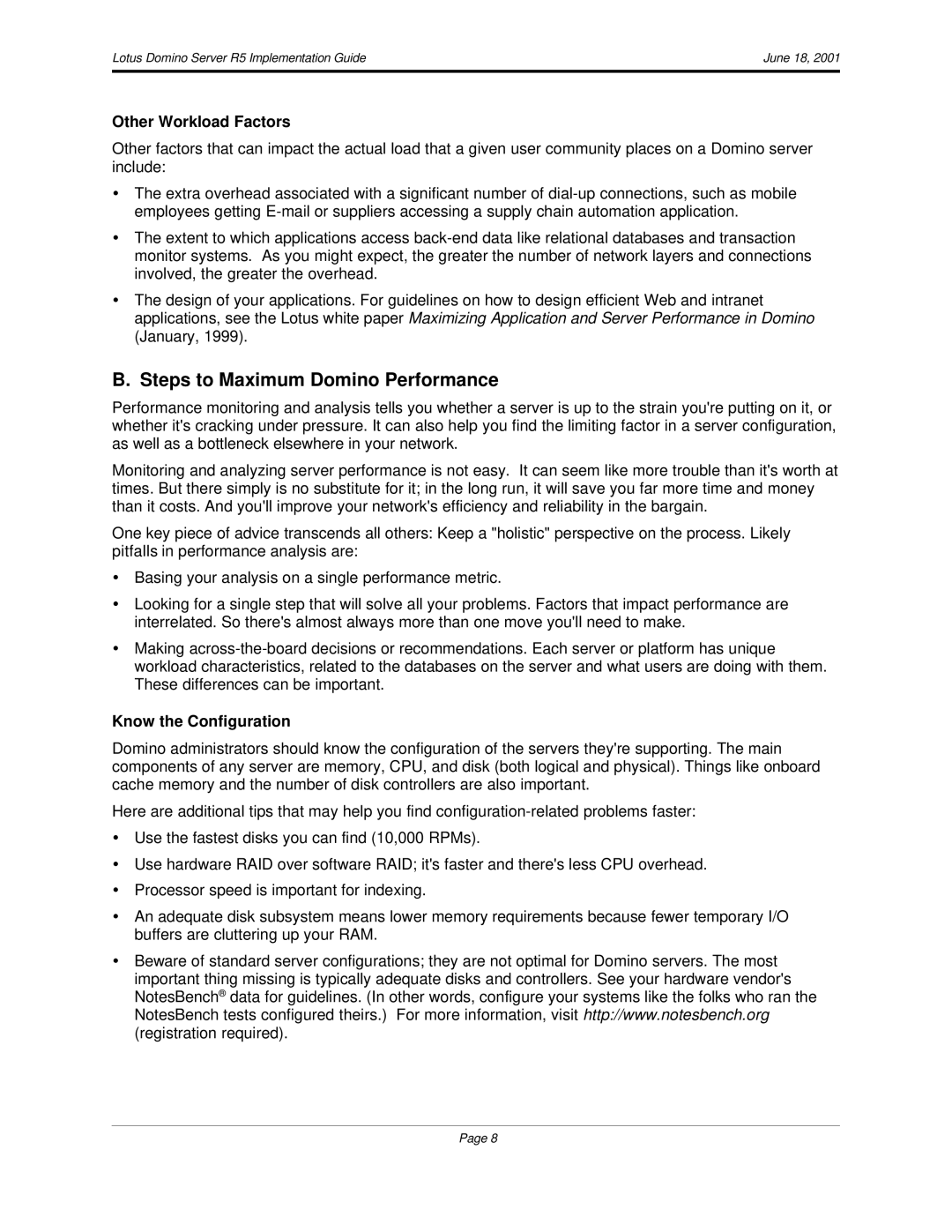 IBM R5 manual Steps to Maximum Domino Performance, Other Workload Factors, Know the Configuration 