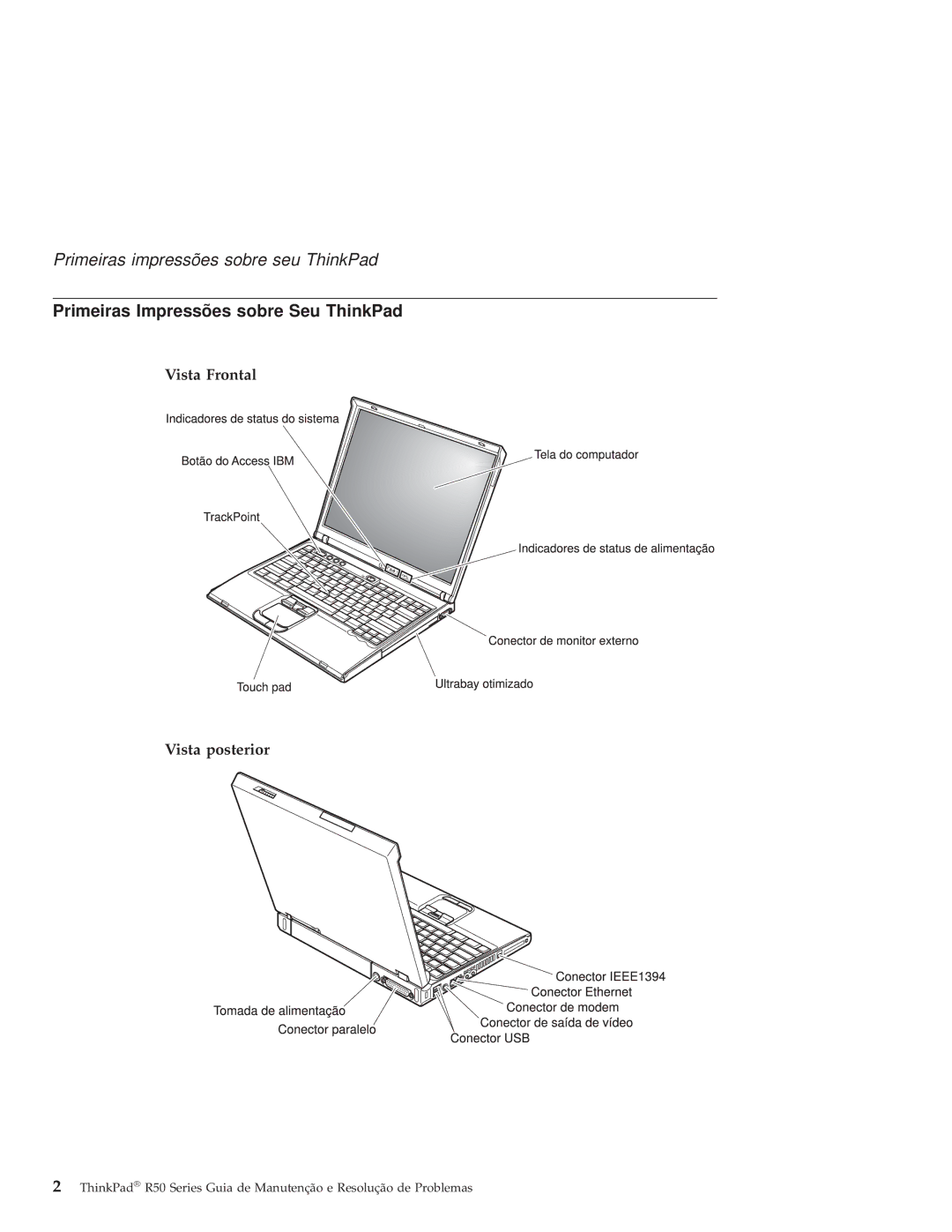 IBM R50 manual Primeiras Impressões sobre Seu ThinkPad, Vista Frontal Vista posterior 