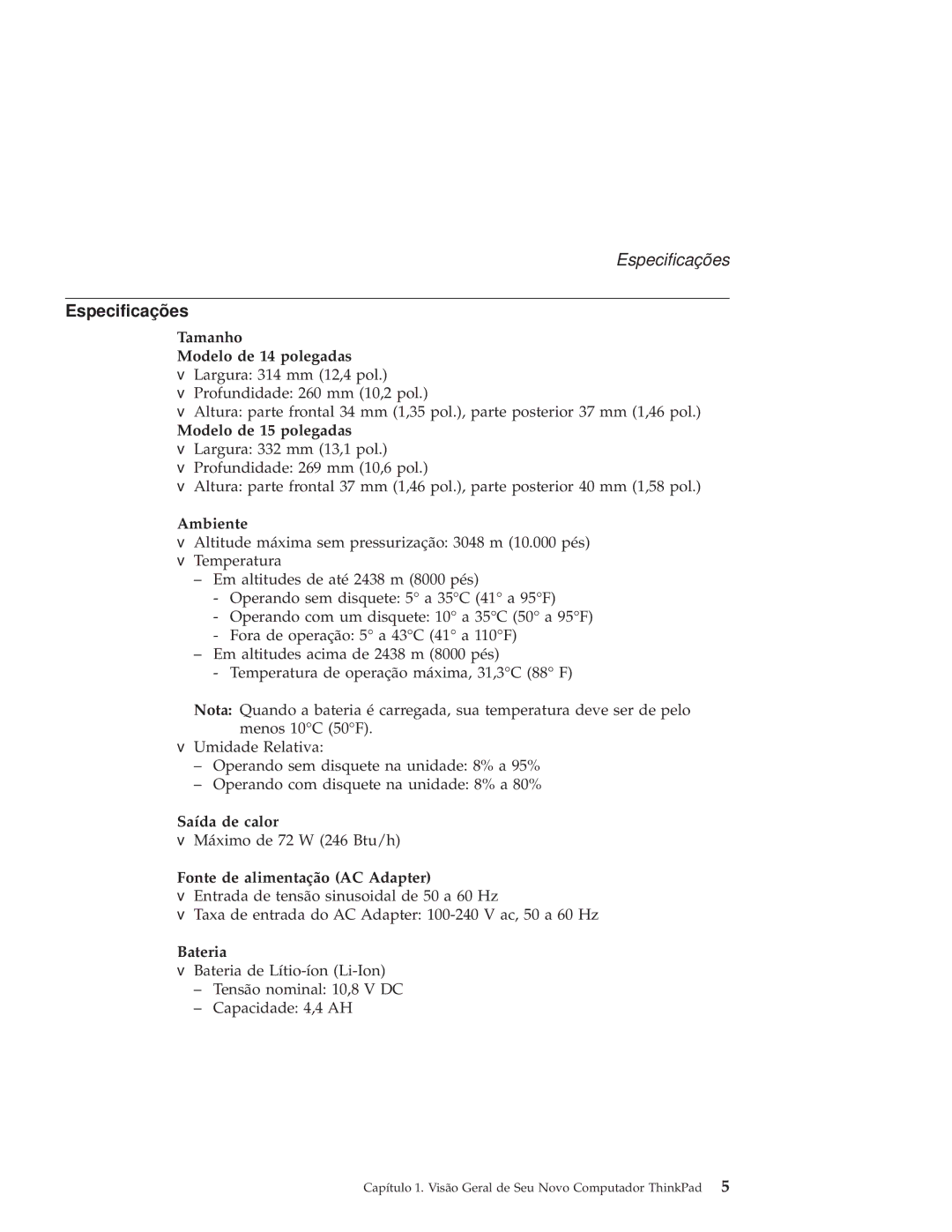 IBM R50 manual Especificações 