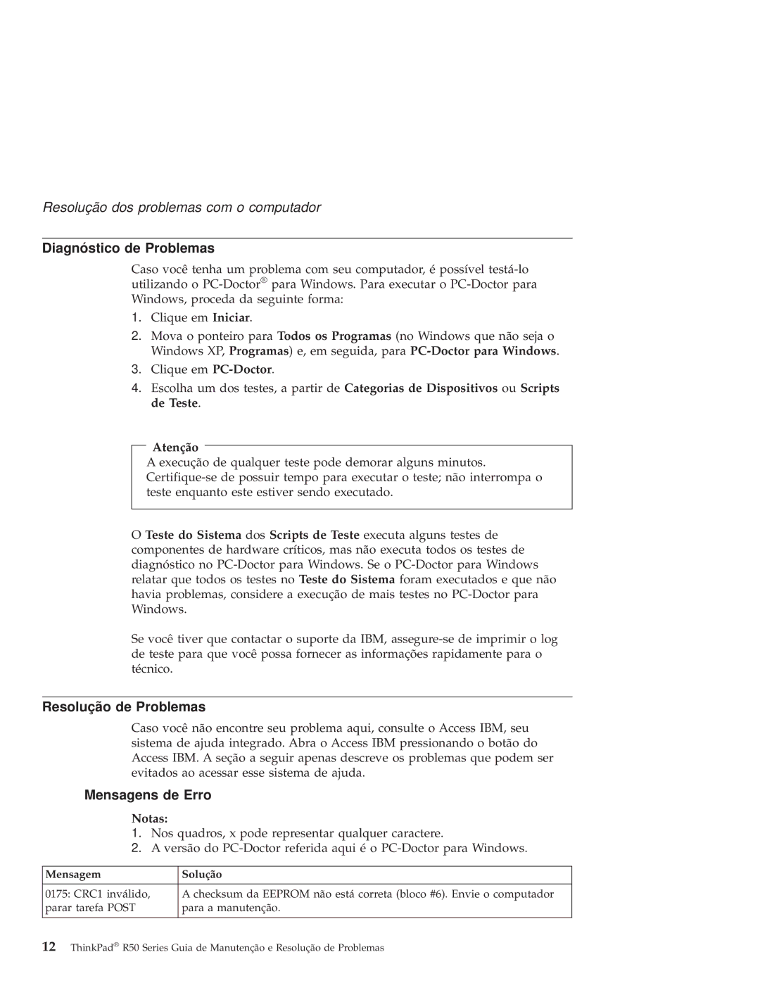 IBM R50 manual Diagnóstico de Problemas, Resolução de Problemas, Mensagens de Erro, Notas 