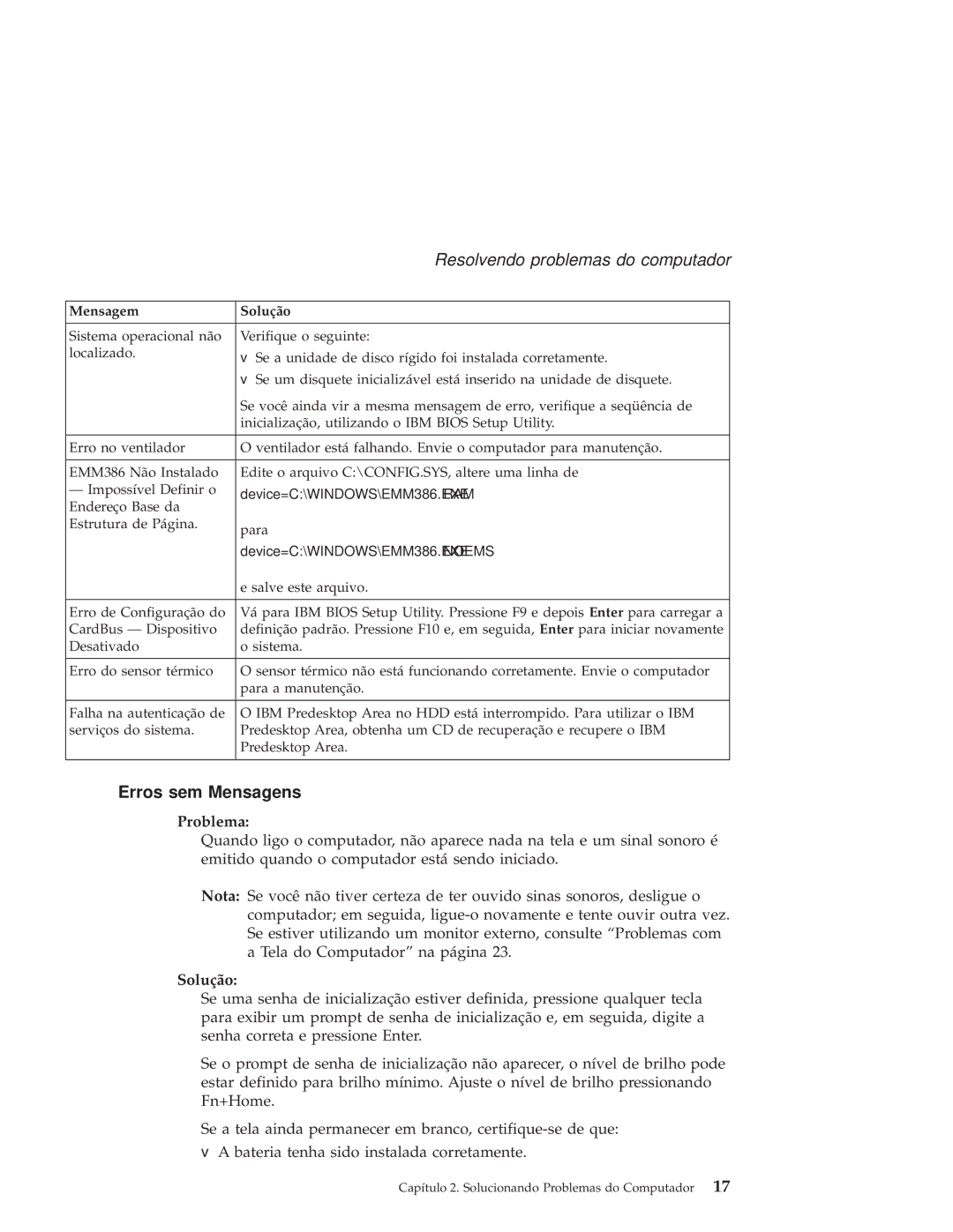 IBM R50 manual Erros sem Mensagens, Problema, Solução 