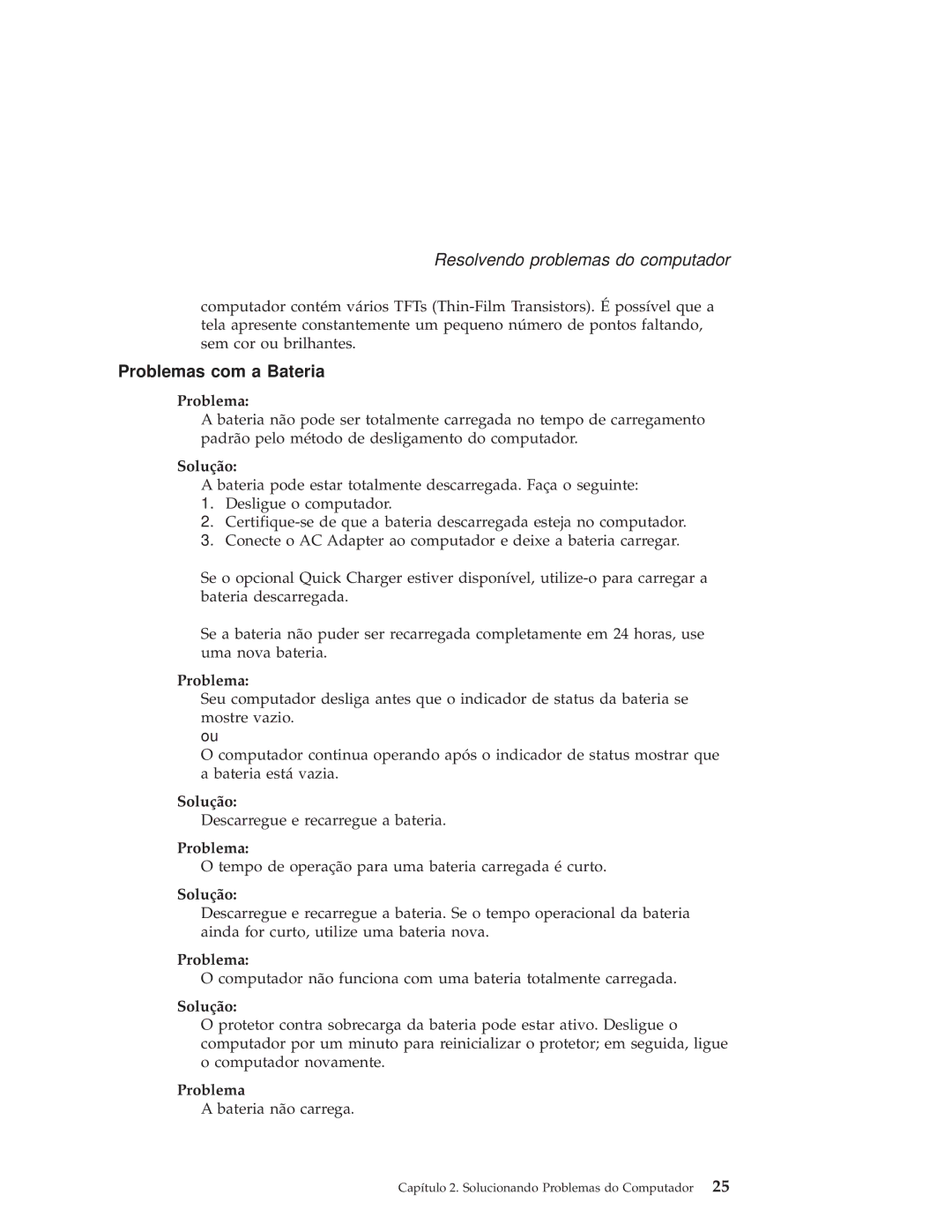 IBM R50 manual Problemas com a Bateria 