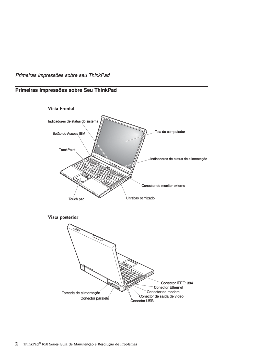IBM R50 Primeiras impressões sobre seu ThinkPad, Primeiras Impressões sobre Seu ThinkPad, Vista Frontal Vista posterior 