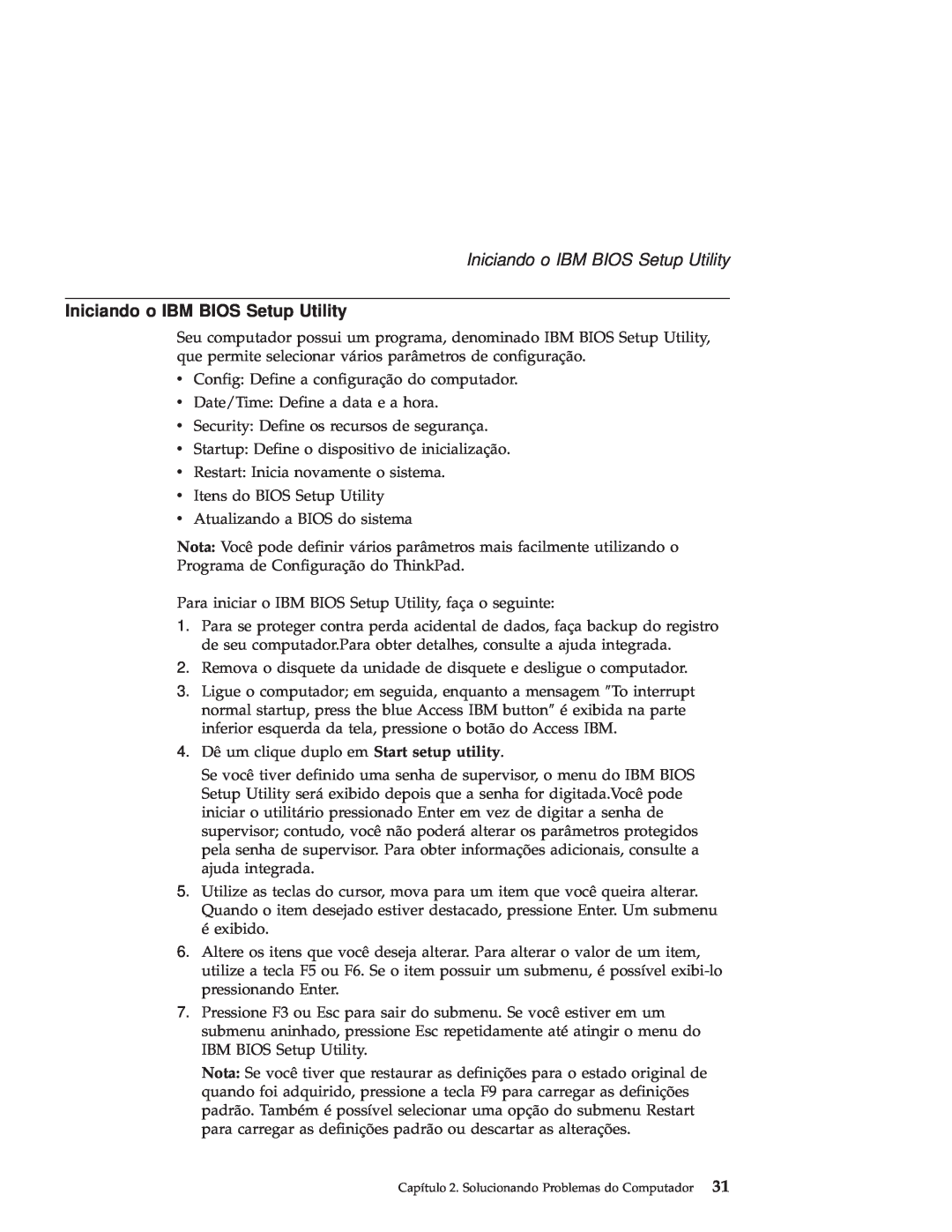 IBM R50 manual Iniciando o IBM BIOS Setup Utility 