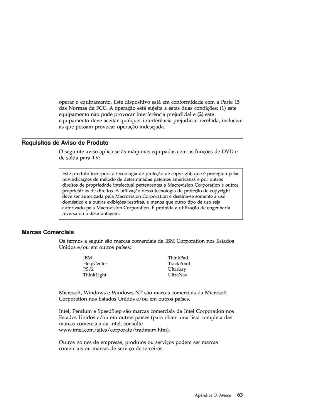 IBM R50 manual Requisitos de Aviso de Produto, Marcas Comerciais 