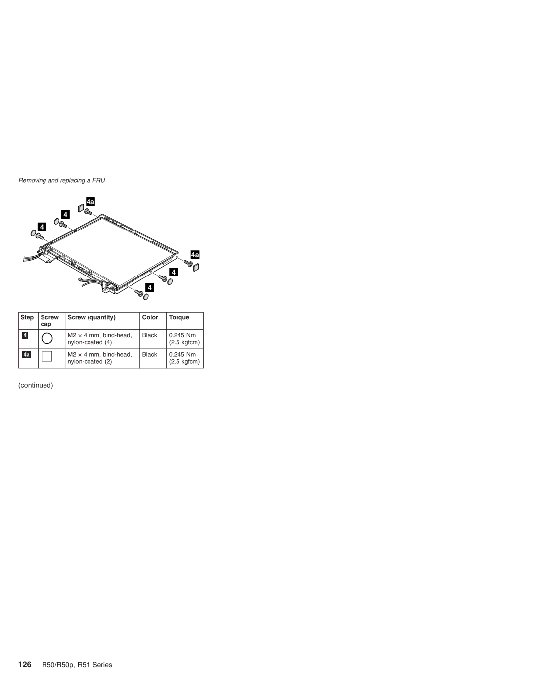 IBM R50 Series, R50p Series manual 126 R50/R50p, R51 Series, Step Screw Screw quantity 