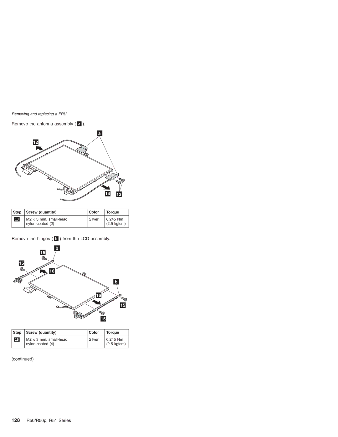 IBM R50p Series, R50 Series Remove the antenna assembly, Remove the hinges from the LCD assembly, 128 R50/R50p, R51 Series 