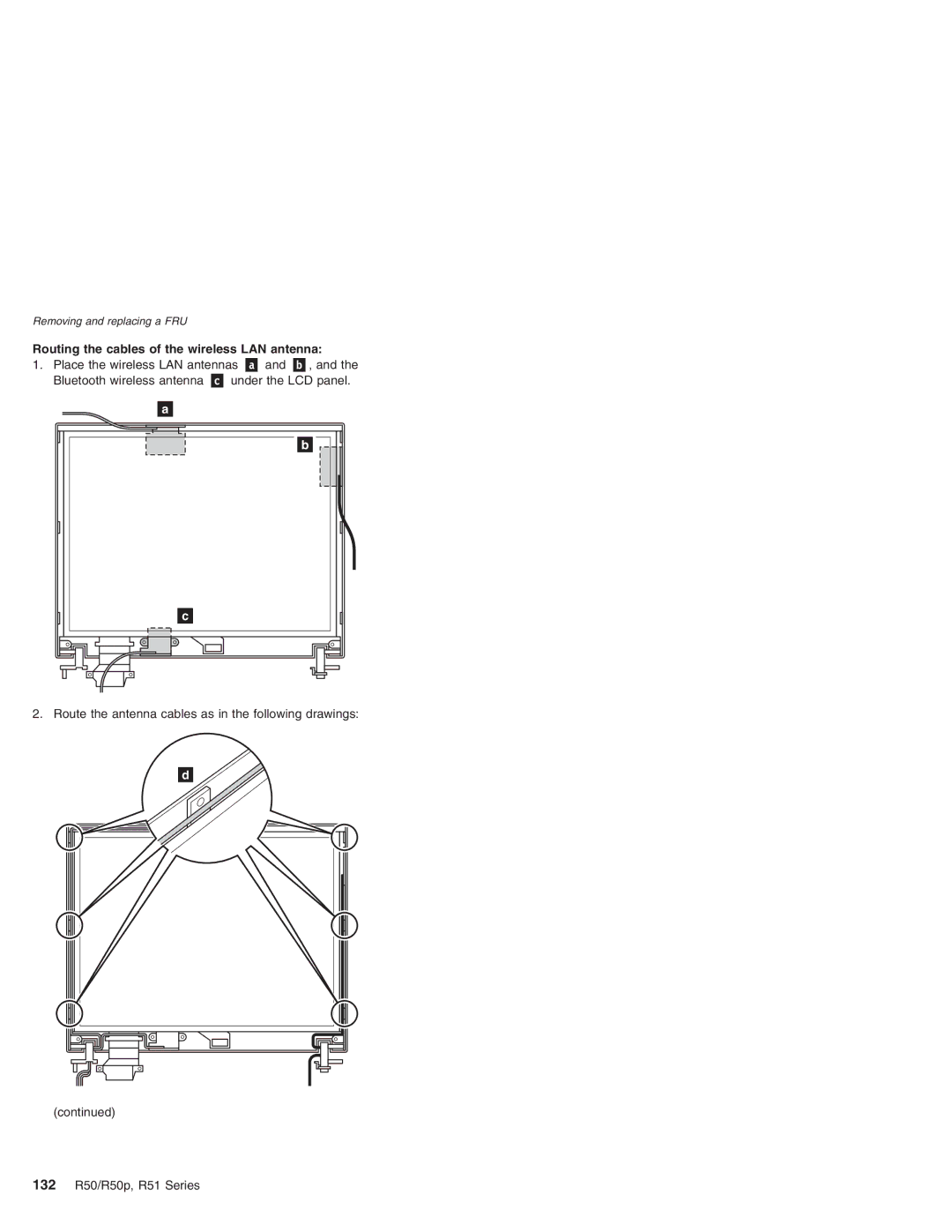 IBM R50 Series, R50p Series, R51 Series manual Routing the cables of the wireless LAN antenna 