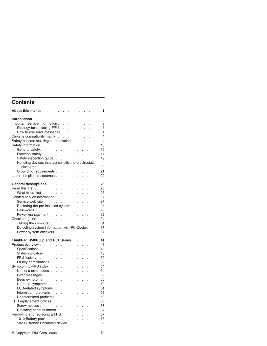 IBM R50p Series, R50 Series, R51 Series manual Contents 