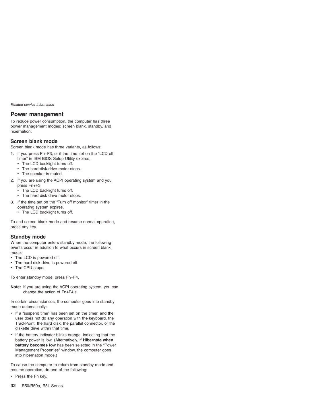 IBM R50p Series, R50 Series, R51 Series manual Power management, Screen blank mode, Standby mode 