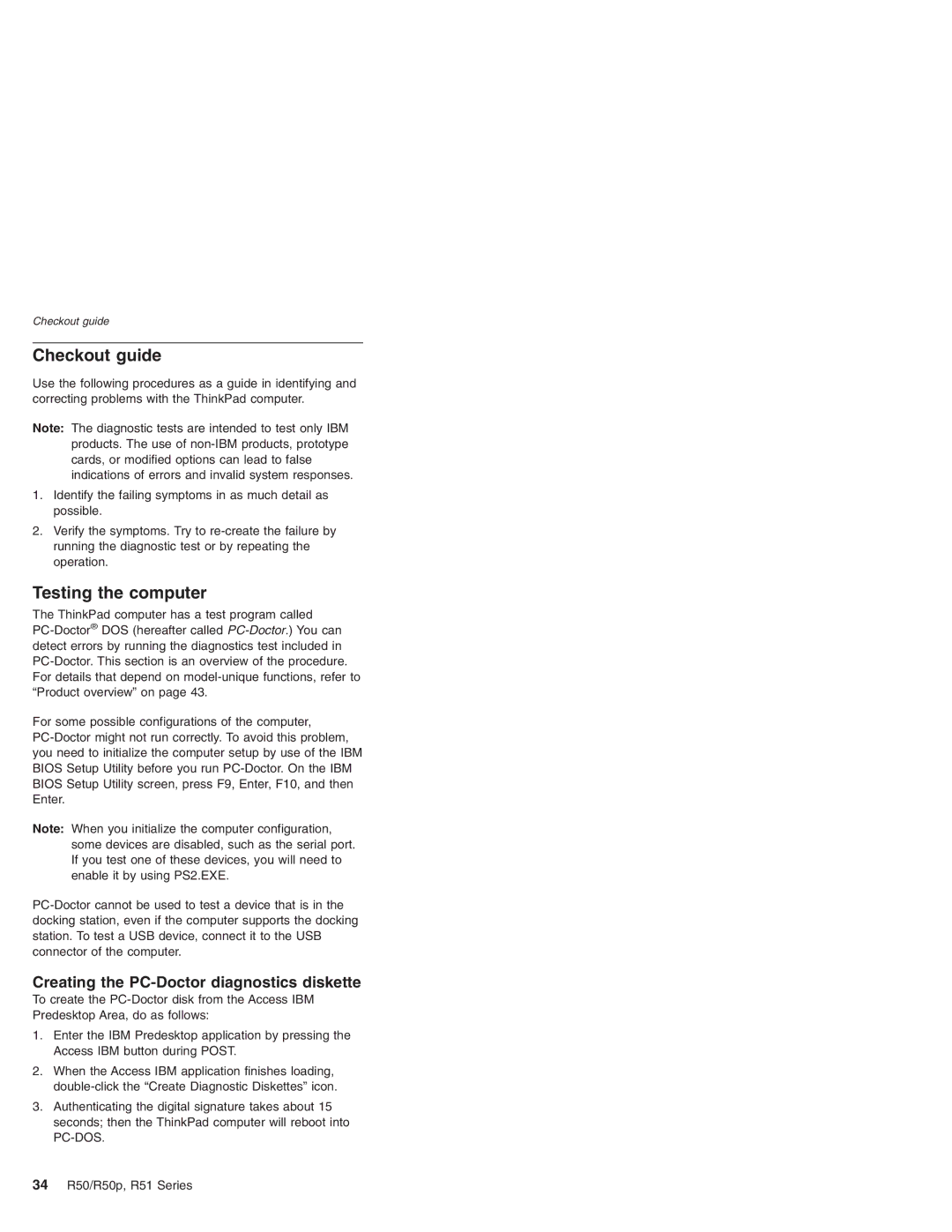 IBM R51 Series, R50p Series, R50 Series Checkout guide, Testing the computer, Creating the PC-Doctor diagnostics diskette 