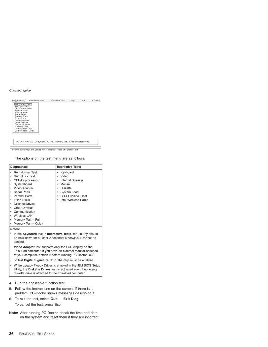 IBM R50 Series, R50p Series, R51 Series manual Options on the test menu are as follows, Diagnostics Interactive Tests 