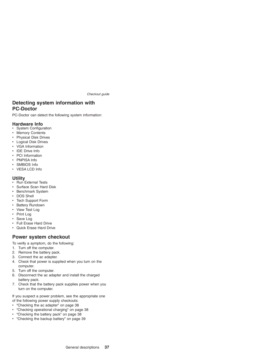 IBM R51 Series, R50p Series Detecting system information with PC-Doctor, Power system checkout, Hardware Info, Utility 