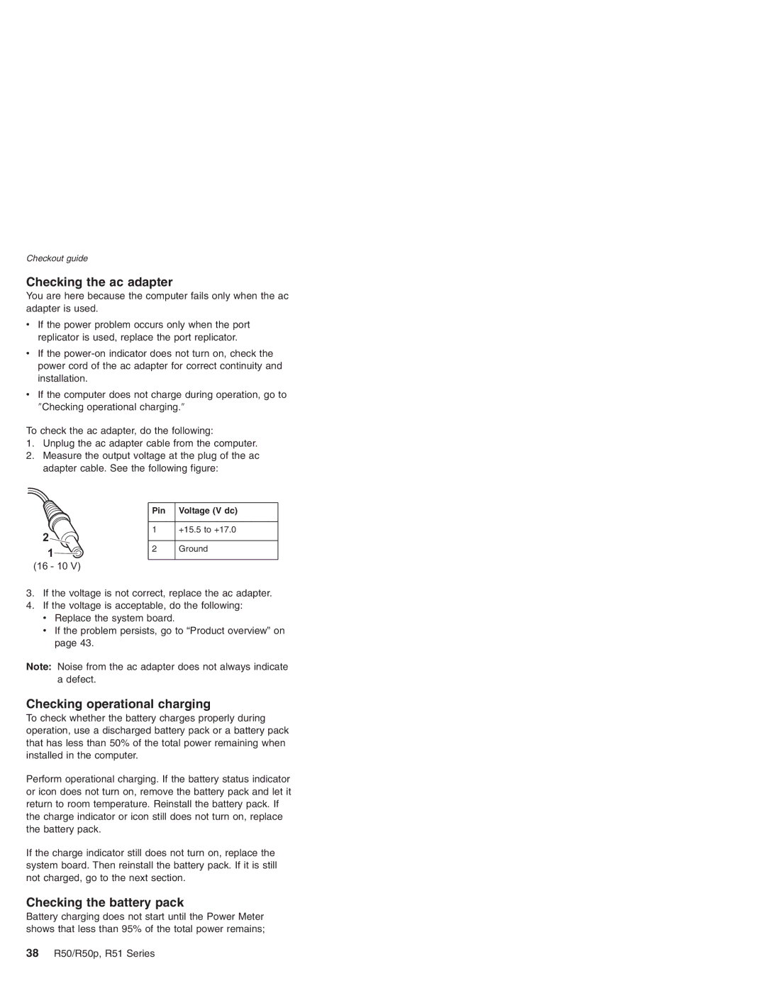 IBM R50p Series Checking the ac adapter, Checking operational charging, Checking the battery pack, 38 R50/R50p, R51 Series 