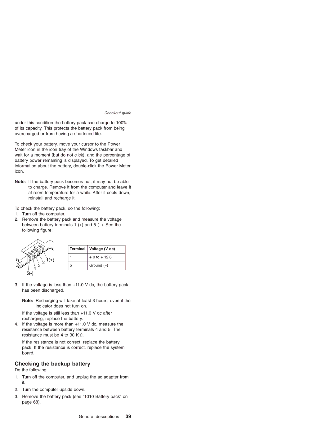 IBM R50 Series, R50p Series, R51 Series manual Checking the backup battery, Terminal Voltage V dc 