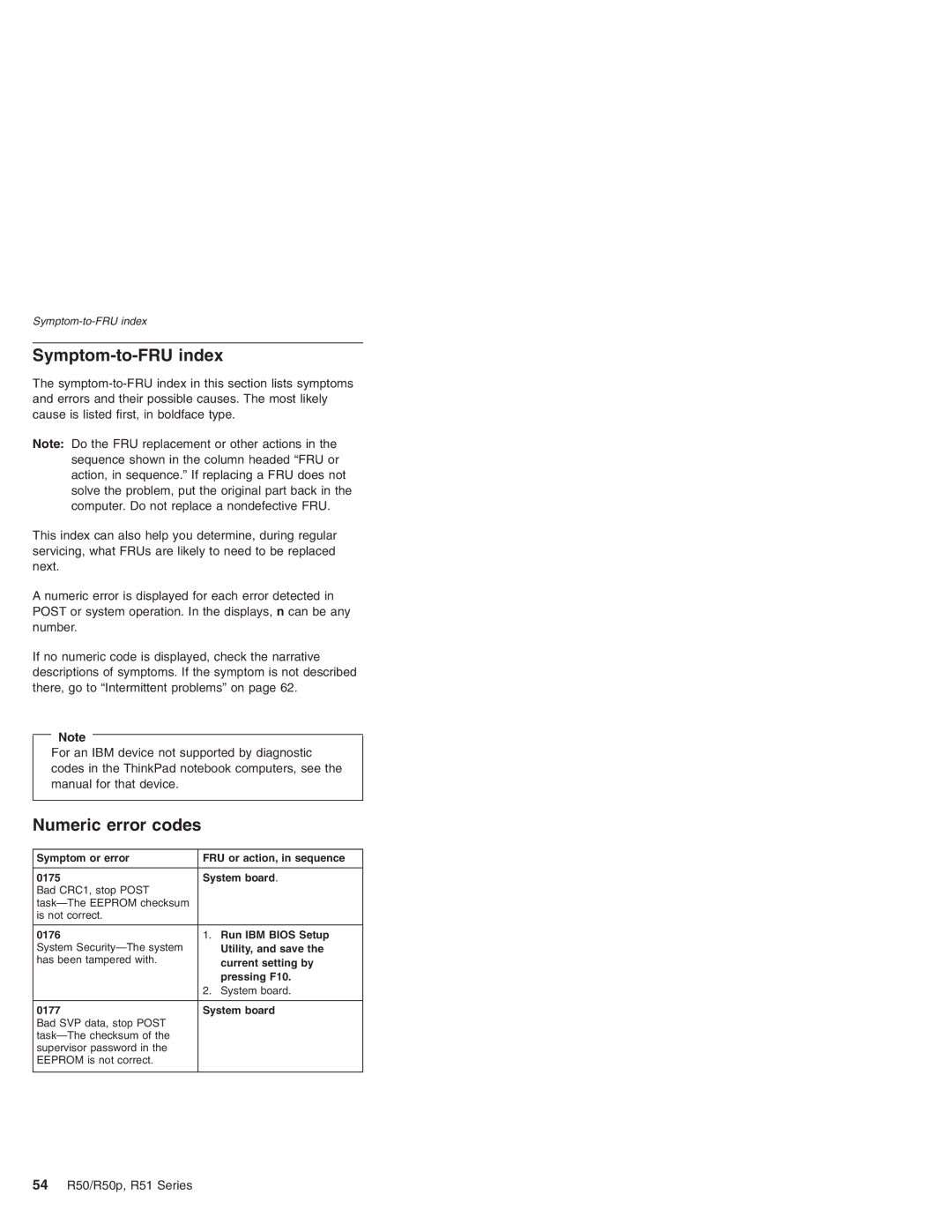 IBM R50 Series, R50p Series manual Symptom-to-FRU index, Numeric error codes, 54 R50/R50p, R51 Series 