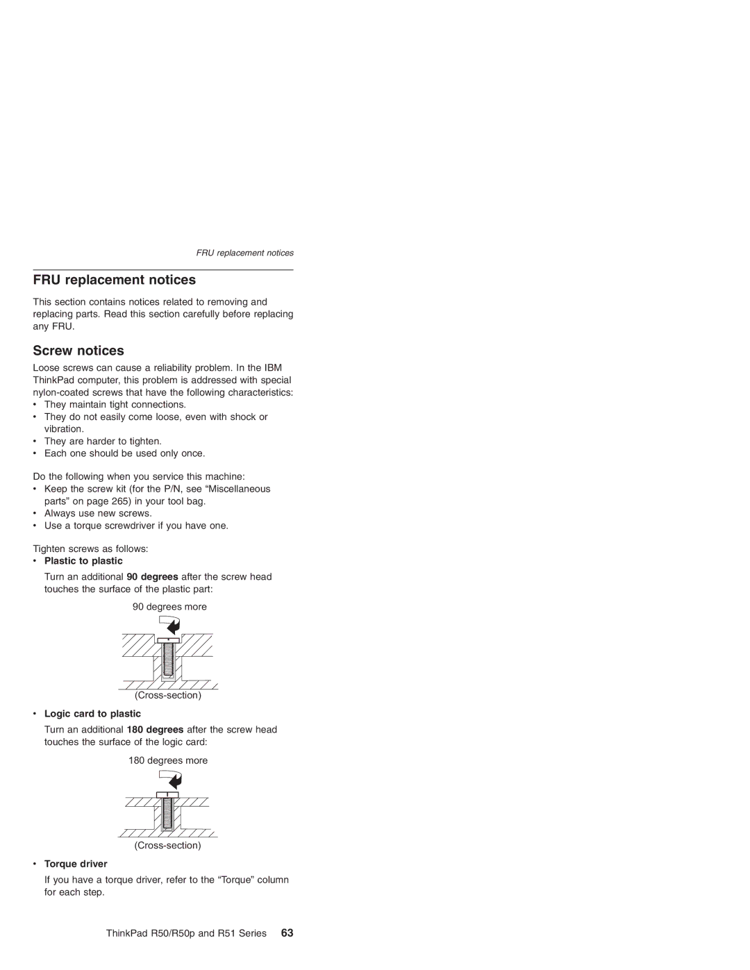 IBM R50 Series, R50p Series, R51 Series manual FRU replacement notices, Screw notices 