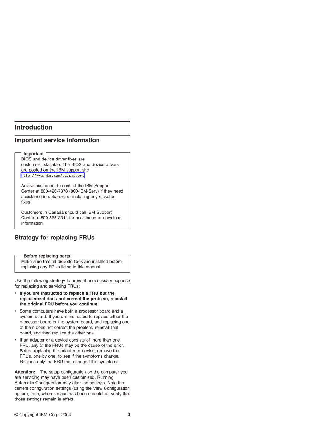 IBM R50 Series, R50p Series, R51 Series manual Important service information, Strategy for replacing FRUs 