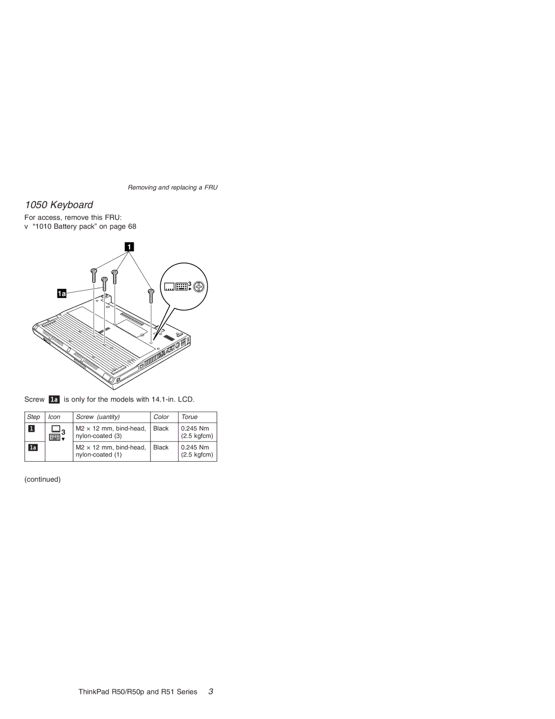 IBM R51 Series, R50 Series Keyboard, For access, remove this FRU Battery pack on, Is only for the models with 14.1-in. LCD 