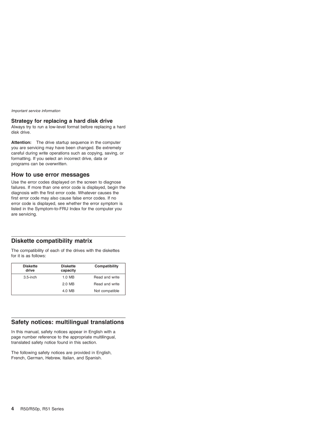 IBM R51 Series manual How to use error messages, Diskette compatibility matrix, Safety notices multilingual translations 