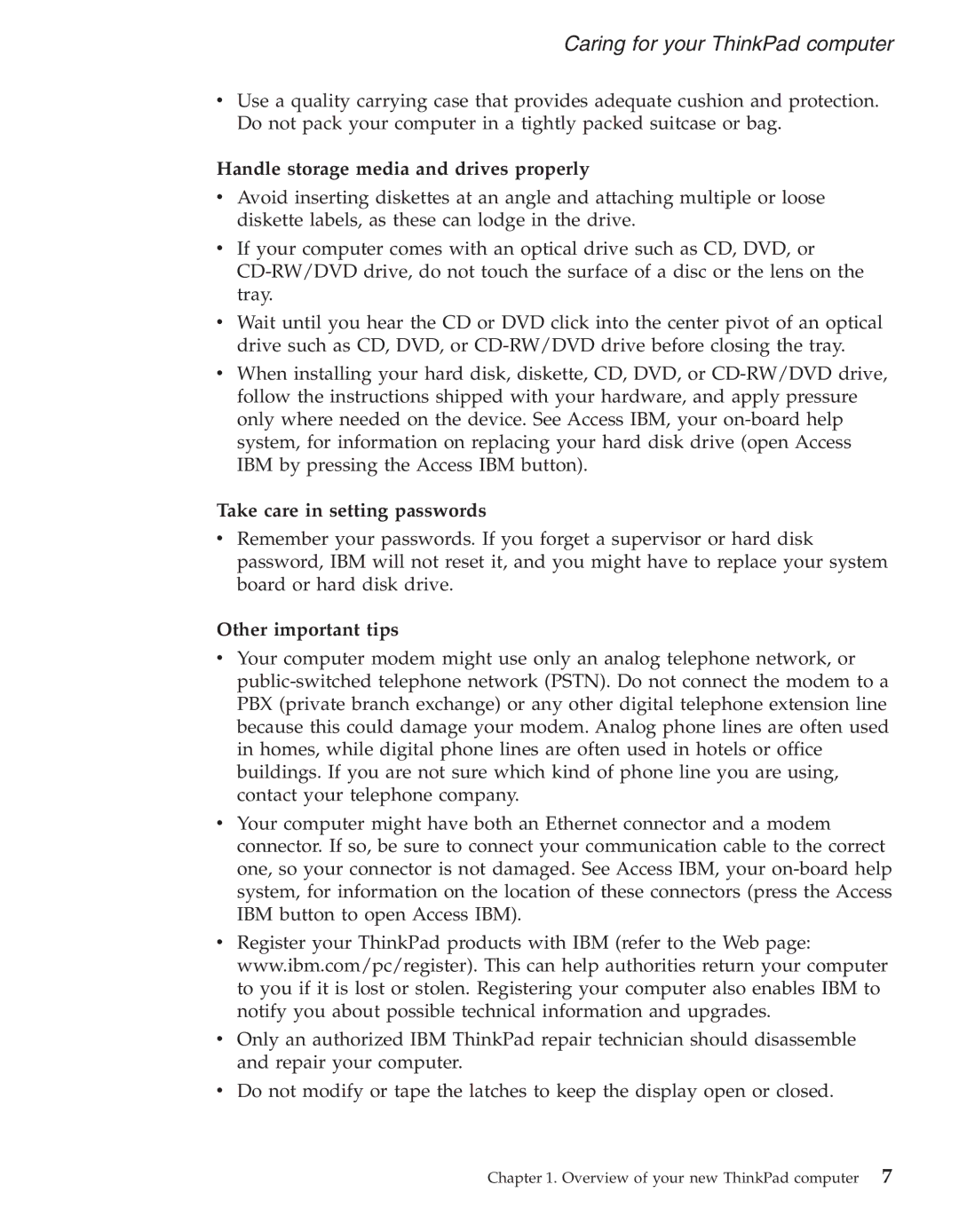 IBM R50series manual Handle storage media and drives properly, Take care in setting passwords, Other important tips 