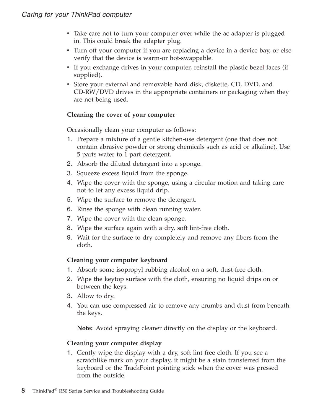 IBM R50series manual Cleaning the cover of your computer, Cleaning your computer keyboard, Cleaning your computer display 